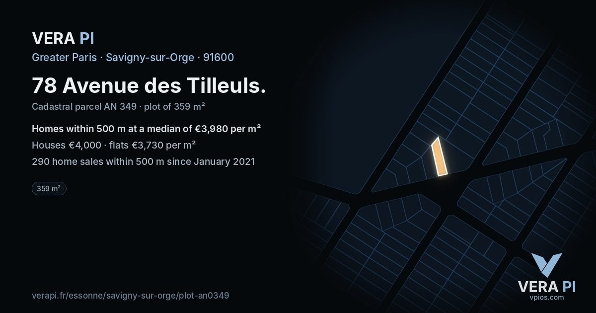 78 Avenue des Tilleuls, Savigny-sur-Orge at night – the plot lit, the parcels around coloured by the prices near them