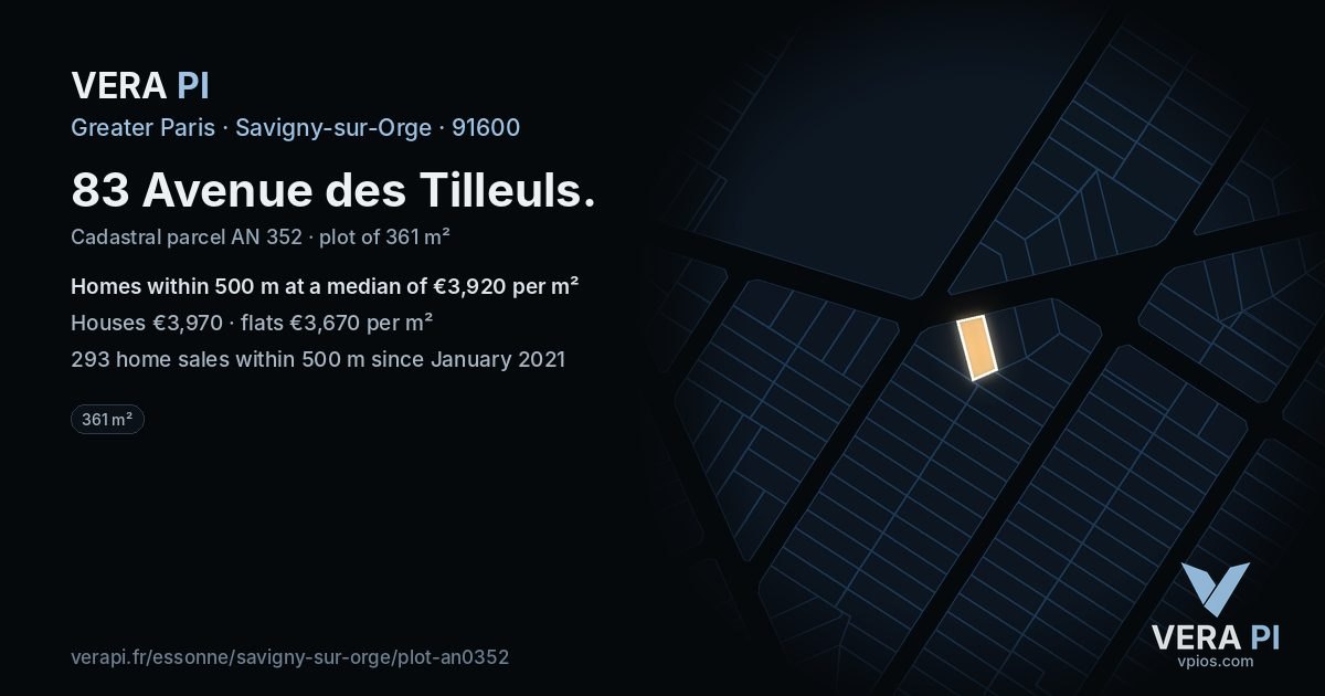 83 Avenue des Tilleuls, Savigny-sur-Orge at night – the plot lit, the parcels around coloured by the prices near them