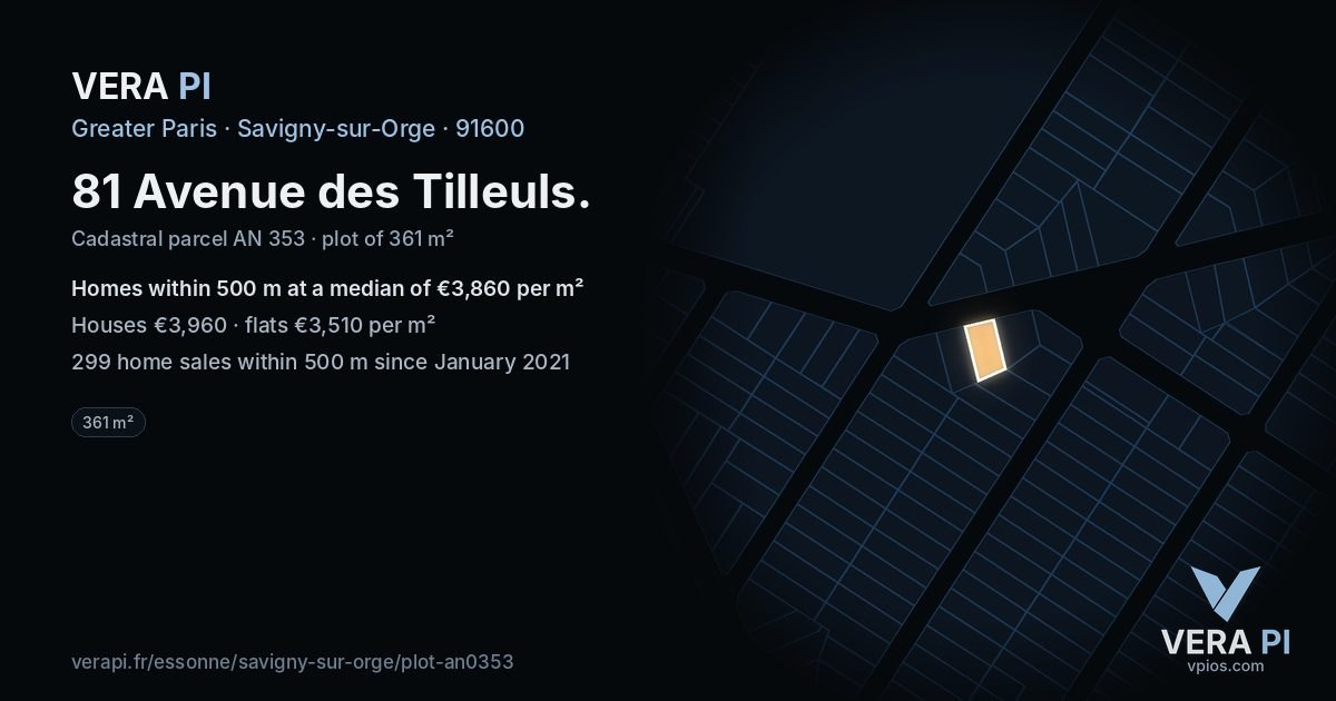 81 Avenue des Tilleuls, Savigny-sur-Orge at night – the plot lit, the parcels around coloured by the prices near them