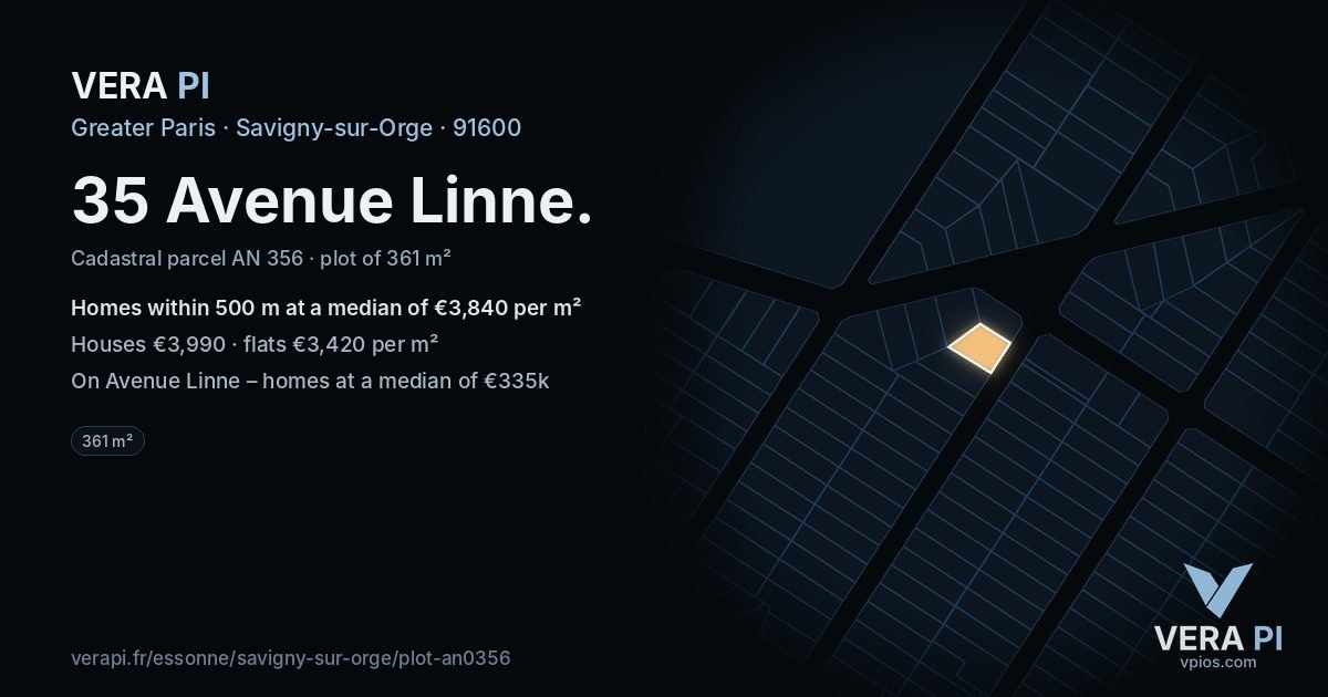 35 Avenue Linne, Savigny-sur-Orge at night – the plot lit, the parcels around coloured by the prices near them