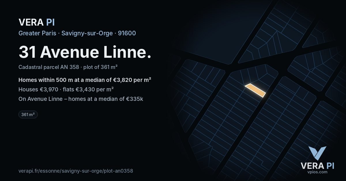 31 Avenue Linne, Savigny-sur-Orge at night – the plot lit, the parcels around coloured by the prices near them