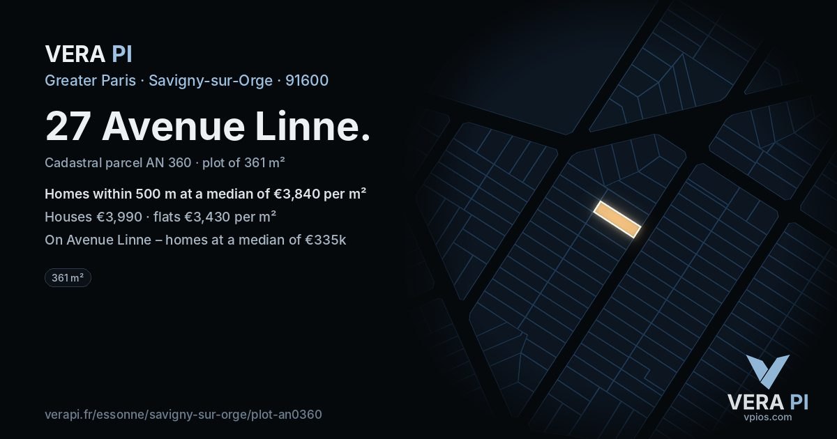 27 Avenue Linne, Savigny-sur-Orge at night – the plot lit, the parcels around coloured by the prices near them
