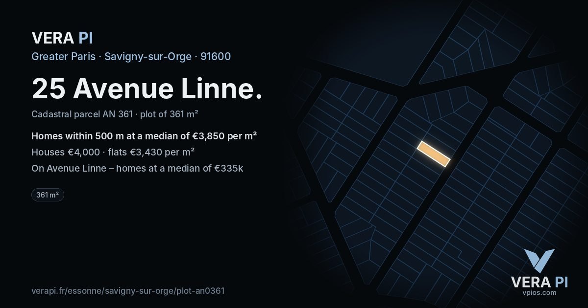 25 Avenue Linne, Savigny-sur-Orge at night – the plot lit, the parcels around coloured by the prices near them