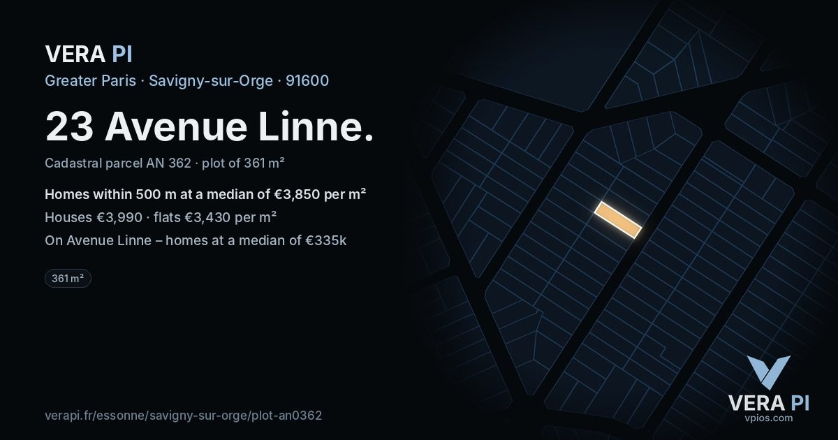 23 Avenue Linne, Savigny-sur-Orge at night – the plot lit, the parcels around coloured by the prices near them