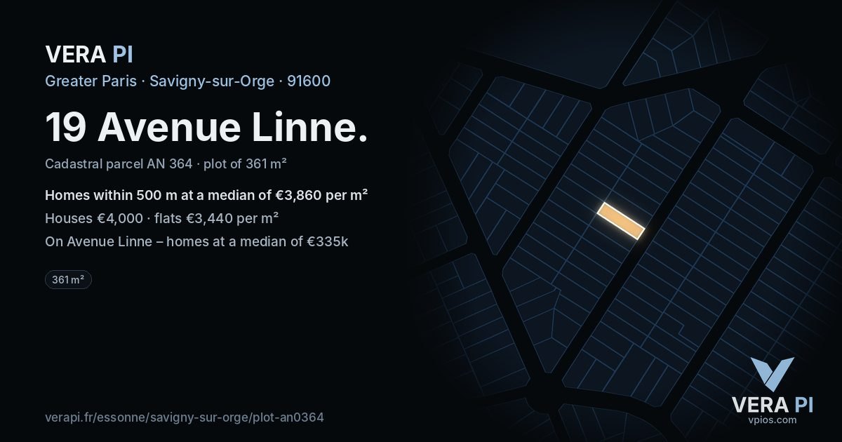 19 Avenue Linne, Savigny-sur-Orge at night – the plot lit, the parcels around coloured by the prices near them
