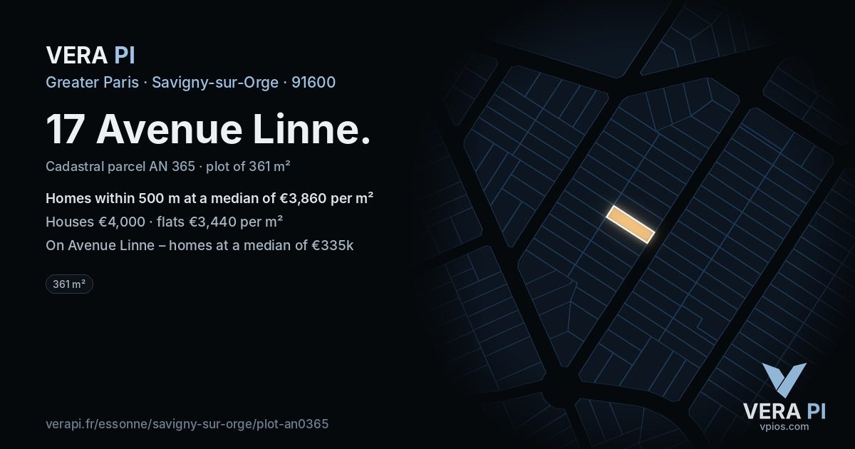 17 Avenue Linne, Savigny-sur-Orge at night – the plot lit, the parcels around coloured by the prices near them