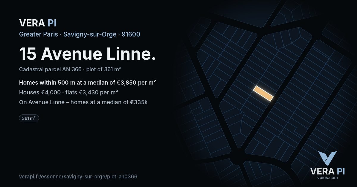 15 Avenue Linne, Savigny-sur-Orge at night – the plot lit, the parcels around coloured by the prices near them