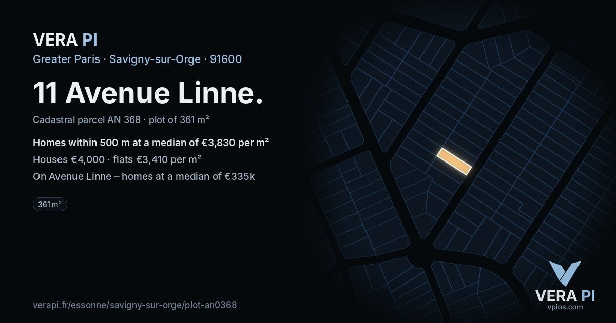 11 Avenue Linne, Savigny-sur-Orge at night – the plot lit, the parcels around coloured by the prices near them