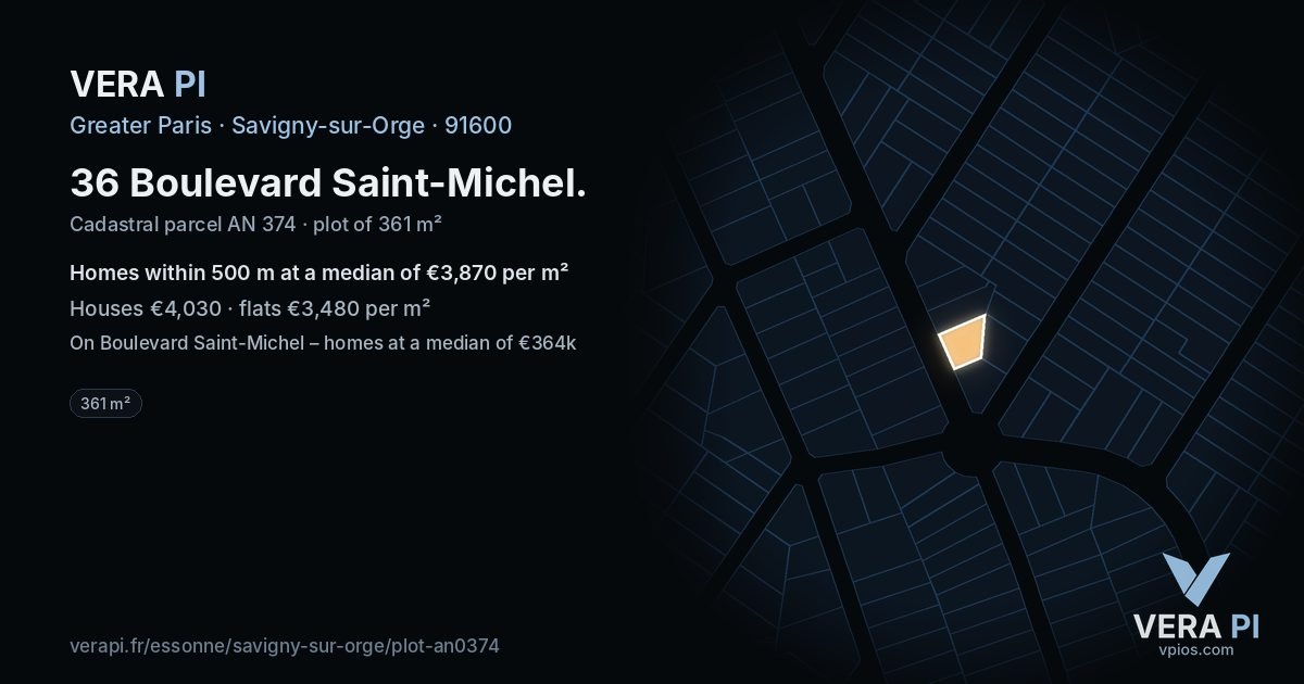 36 Boulevard Saint-Michel, Savigny-sur-Orge at night – the plot lit, the parcels around coloured by the prices near them