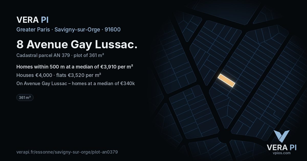 8 Avenue Gay Lussac, Savigny-sur-Orge at night – the plot lit, the parcels around coloured by the prices near them