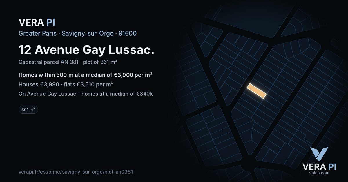 12 Avenue Gay Lussac, Savigny-sur-Orge at night – the plot lit, the parcels around coloured by the prices near them