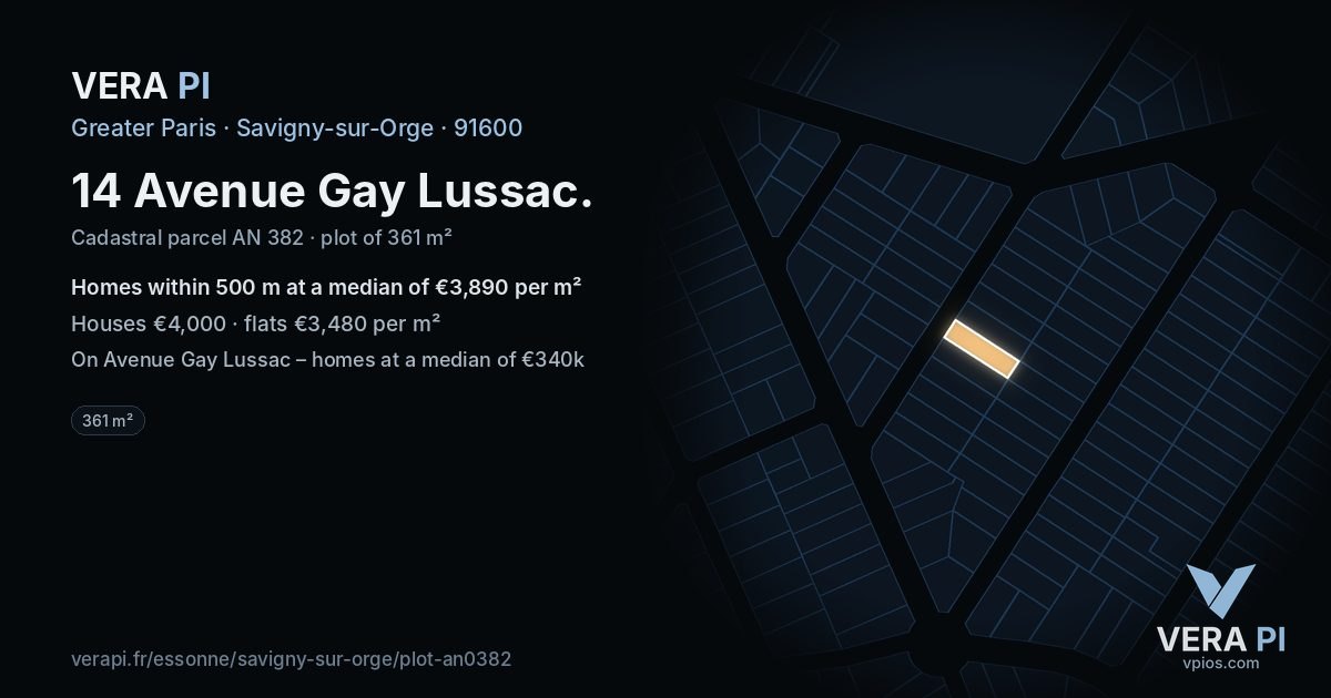 14 Avenue Gay Lussac, Savigny-sur-Orge at night – the plot lit, the parcels around coloured by the prices near them