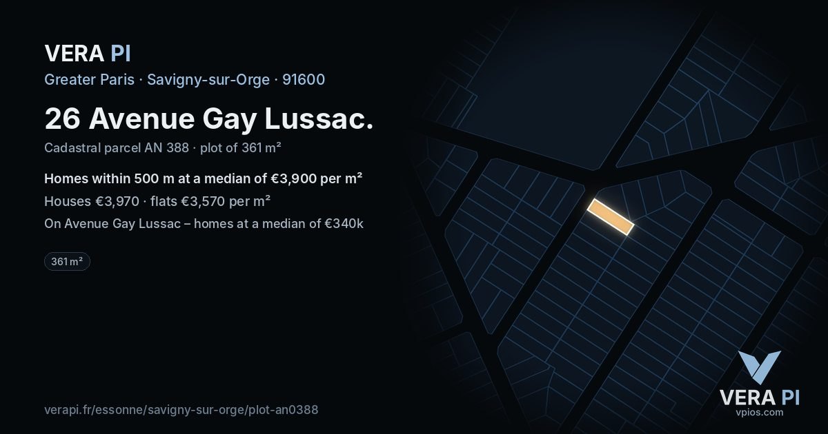 26 Avenue Gay Lussac, Savigny-sur-Orge at night – the plot lit, the parcels around coloured by the prices near them