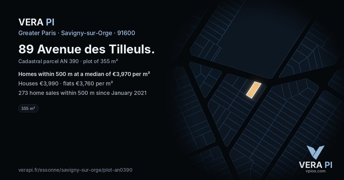 89 Avenue des Tilleuls, Savigny-sur-Orge at night – the plot lit, the parcels around coloured by the prices near them