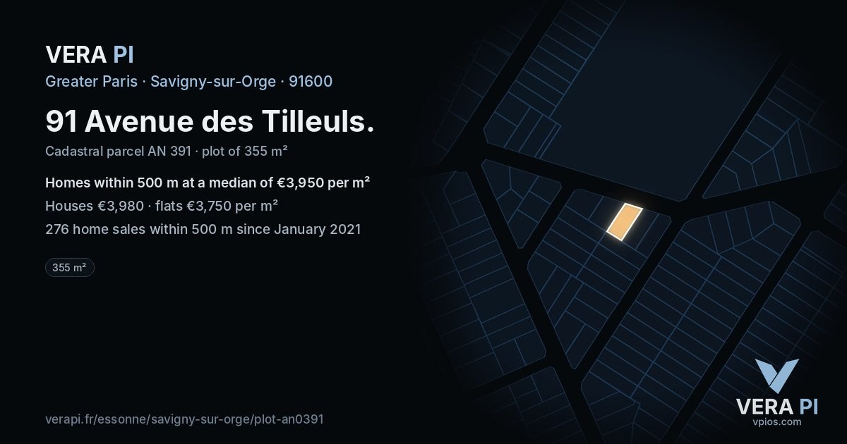 91 Avenue des Tilleuls, Savigny-sur-Orge at night – the plot lit, the parcels around coloured by the prices near them