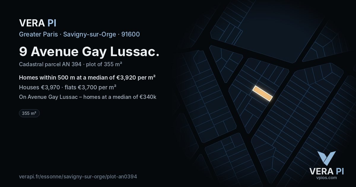 9 Avenue Gay Lussac, Savigny-sur-Orge at night – the plot lit, the parcels around coloured by the prices near them