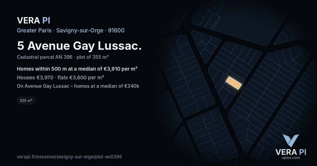 5 Avenue Gay Lussac, Savigny-sur-Orge at night – the plot lit, the parcels around coloured by the prices near them