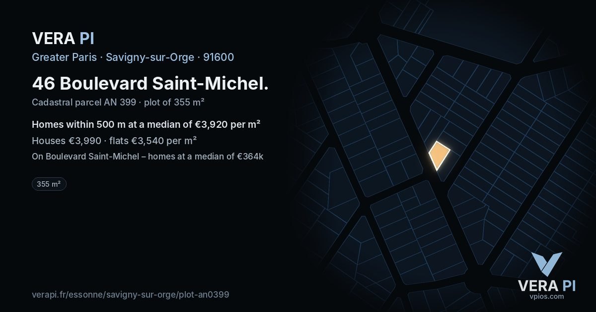 46 Boulevard Saint-Michel, Savigny-sur-Orge at night – the plot lit, the parcels around coloured by the prices near them