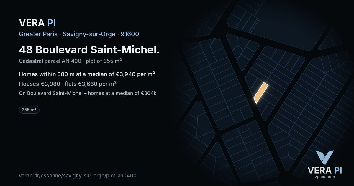 48 Boulevard Saint-Michel, Savigny-sur-Orge at night – the plot lit, the parcels around coloured by the prices near them