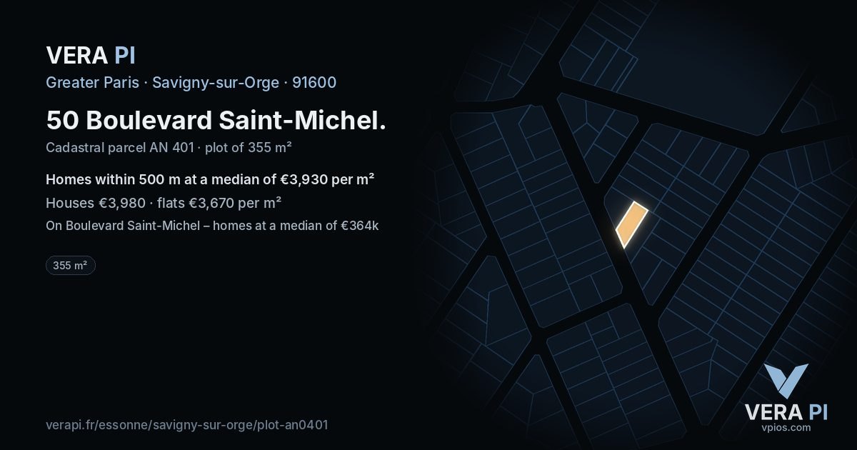 50 Boulevard Saint-Michel, Savigny-sur-Orge at night – the plot lit, the parcels around coloured by the prices near them
