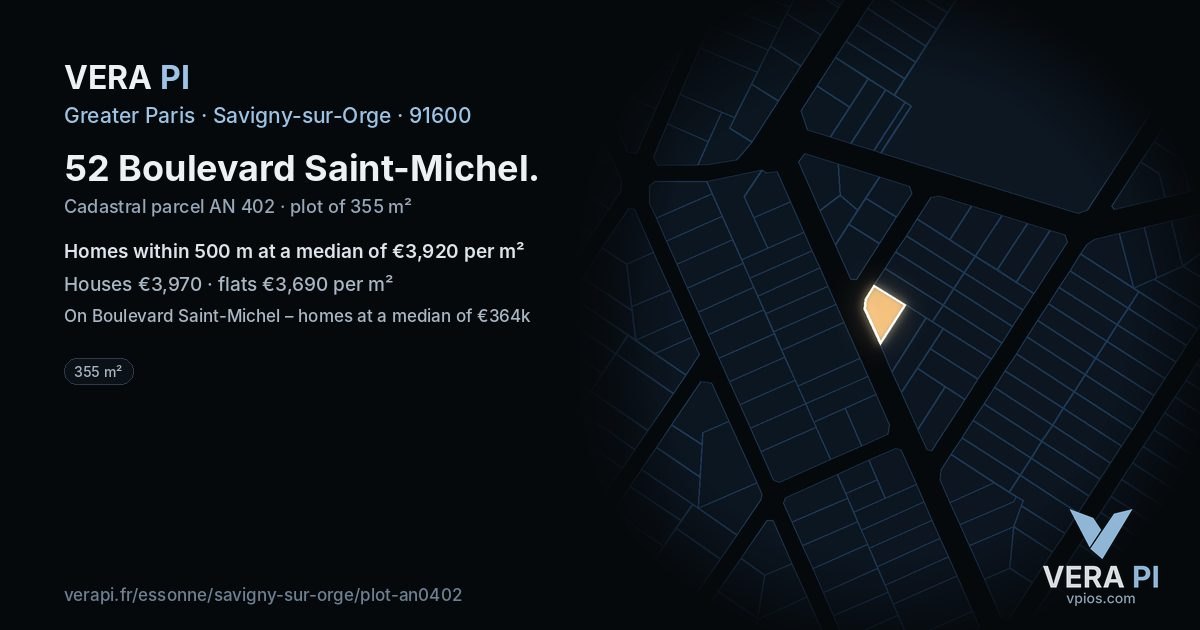 52 Boulevard Saint-Michel, Savigny-sur-Orge at night – the plot lit, the parcels around coloured by the prices near them