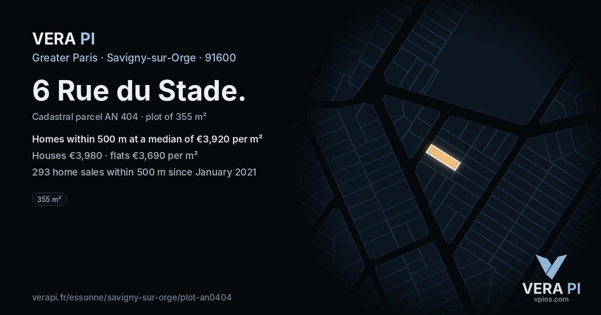 6 Rue du Stade, Savigny-sur-Orge at night – the plot lit, the parcels around coloured by the prices near them