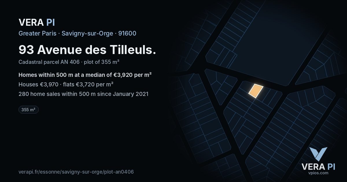93 Avenue des Tilleuls, Savigny-sur-Orge at night – the plot lit, the parcels around coloured by the prices near them