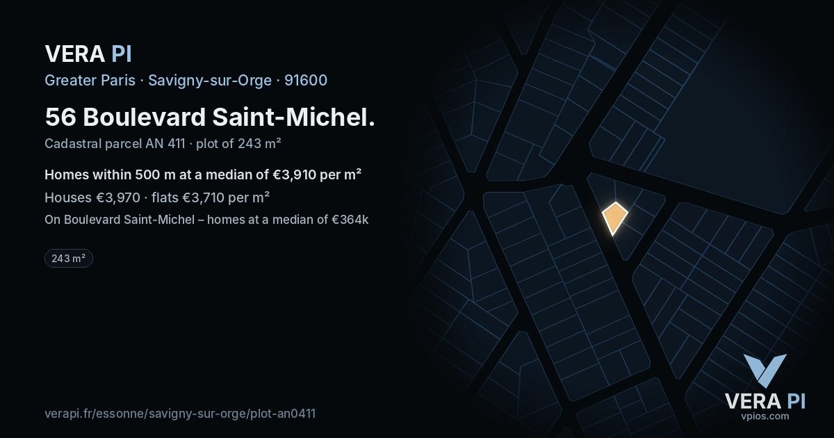 56 Boulevard Saint-Michel, Savigny-sur-Orge at night – the plot lit, the parcels around coloured by the prices near them
