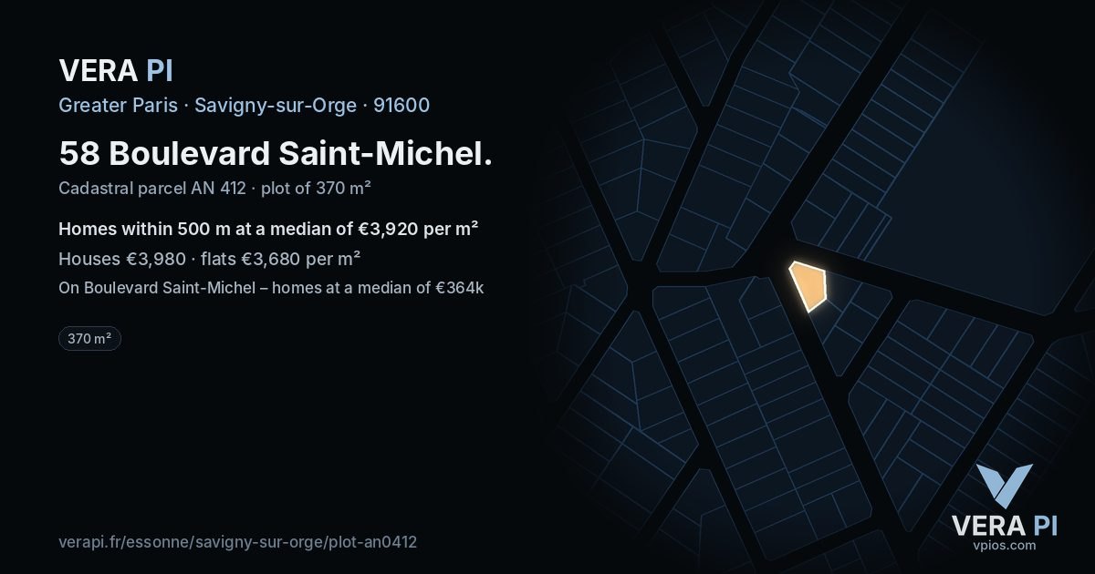 58 Boulevard Saint-Michel, Savigny-sur-Orge at night – the plot lit, the parcels around coloured by the prices near them