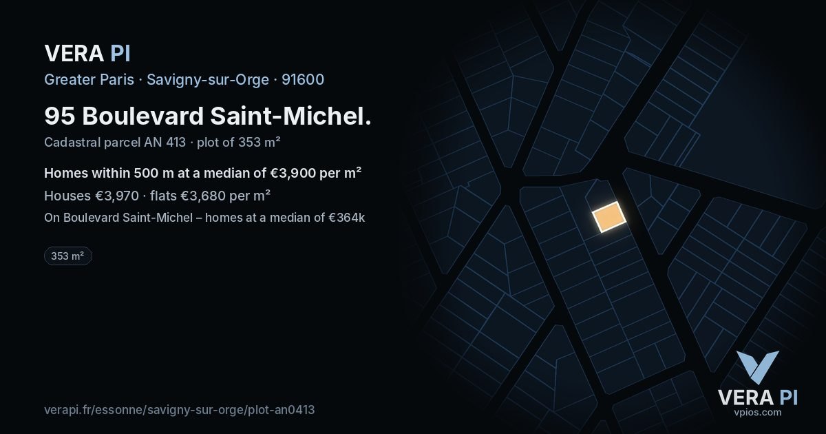 95 Boulevard Saint-Michel, Savigny-sur-Orge at night – the plot lit, the parcels around coloured by the prices near them