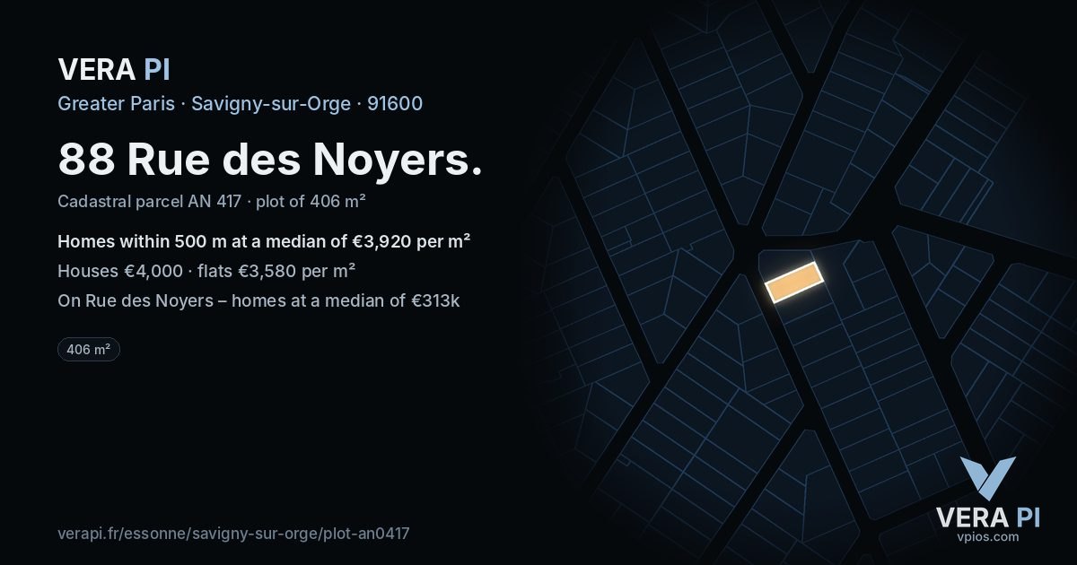 88 Rue des Noyers, Savigny-sur-Orge at night – the plot lit, the parcels around coloured by the prices near them