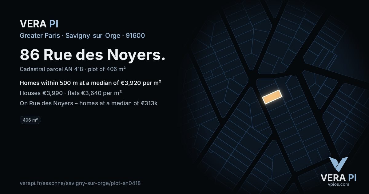 86 Rue des Noyers, Savigny-sur-Orge at night – the plot lit, the parcels around coloured by the prices near them