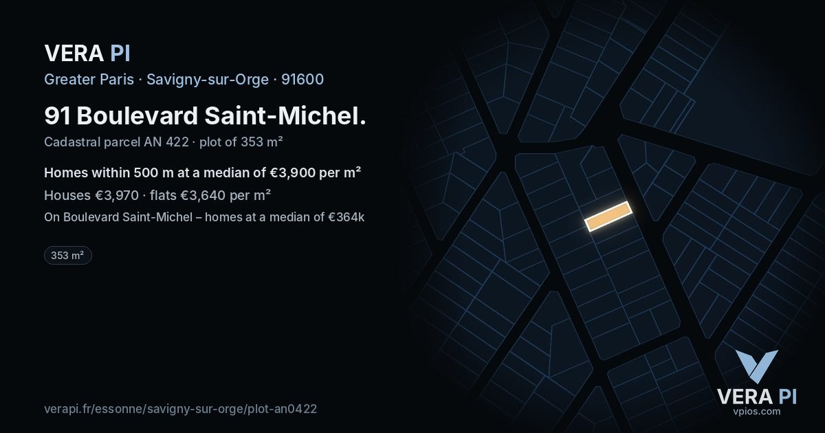 91 Boulevard Saint-Michel, Savigny-sur-Orge at night – the plot lit, the parcels around coloured by the prices near them