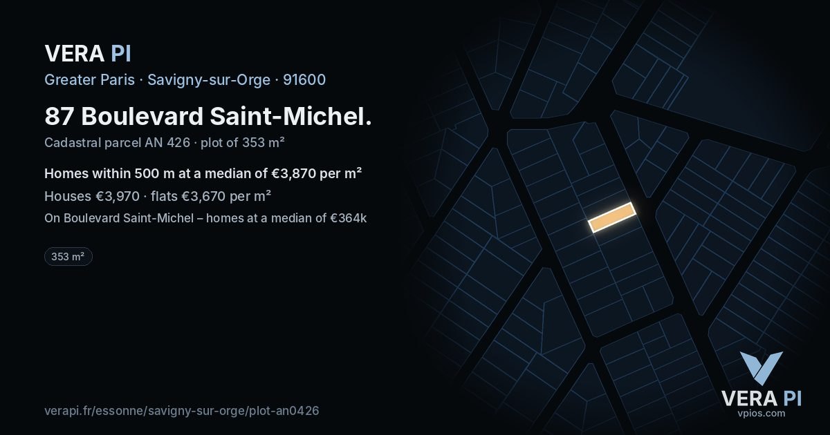 87 Boulevard Saint-Michel, Savigny-sur-Orge at night – the plot lit, the parcels around coloured by the prices near them