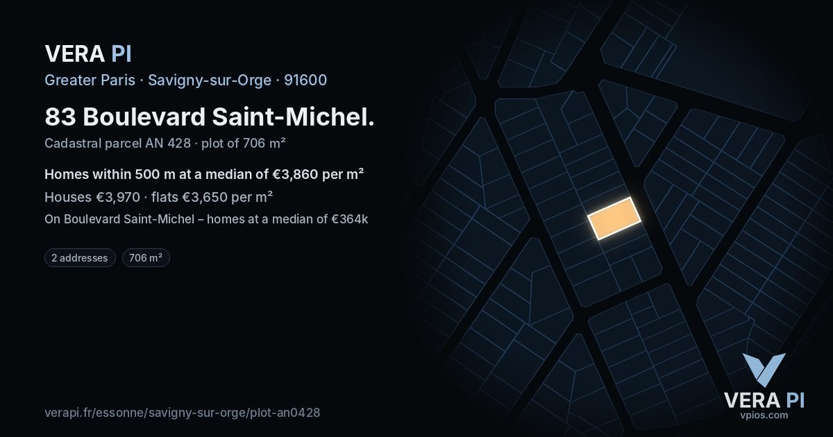 83 Boulevard Saint-Michel, Savigny-sur-Orge at night – the plot lit, the parcels around coloured by the prices near them