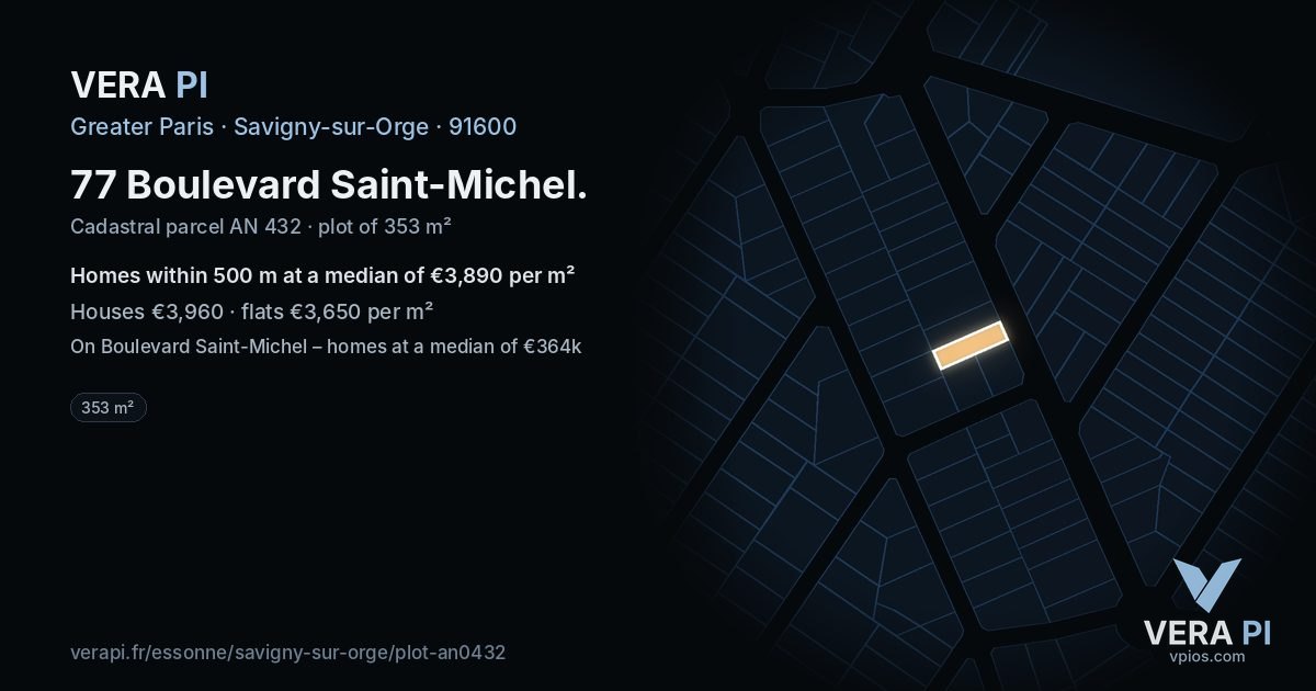 77 Boulevard Saint-Michel, Savigny-sur-Orge at night – the plot lit, the parcels around coloured by the prices near them