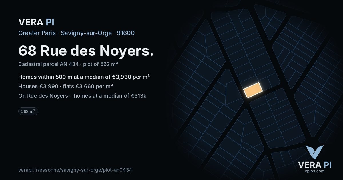 68 Rue des Noyers, Savigny-sur-Orge at night – the plot lit, the parcels around coloured by the prices near them