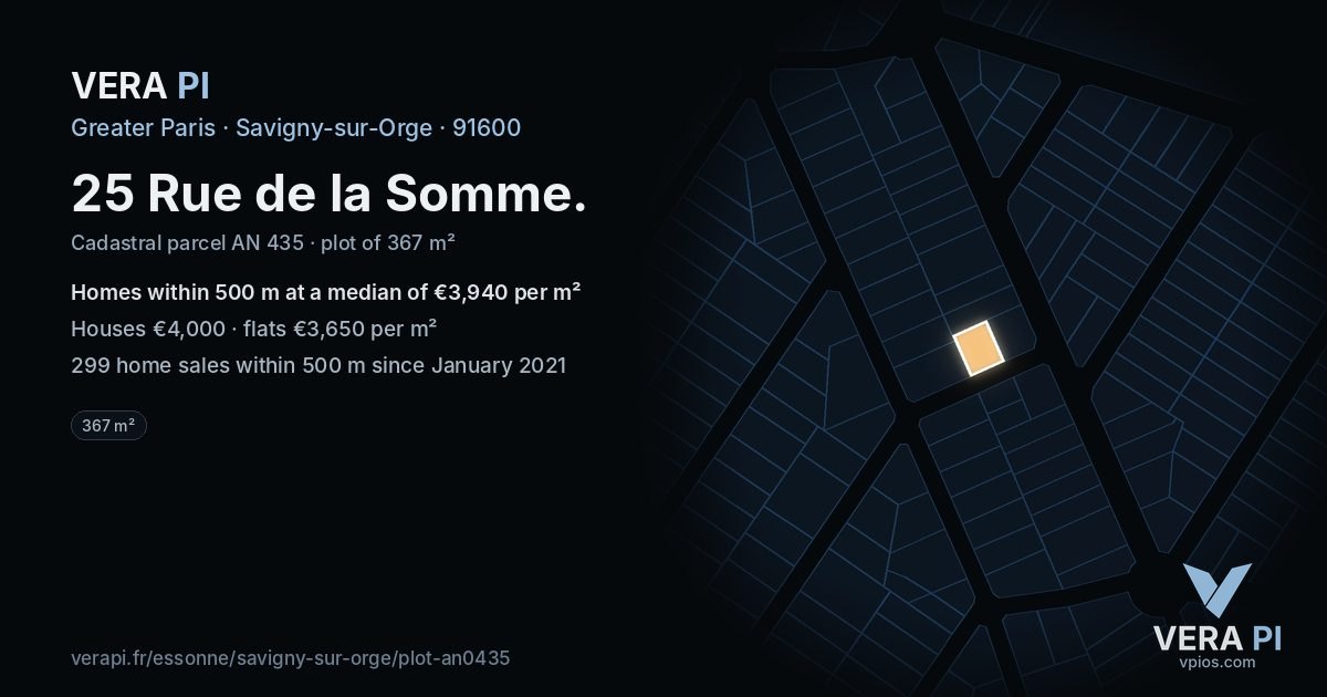 25 Rue de la Somme, Savigny-sur-Orge at night – the plot lit, the parcels around coloured by the prices near them