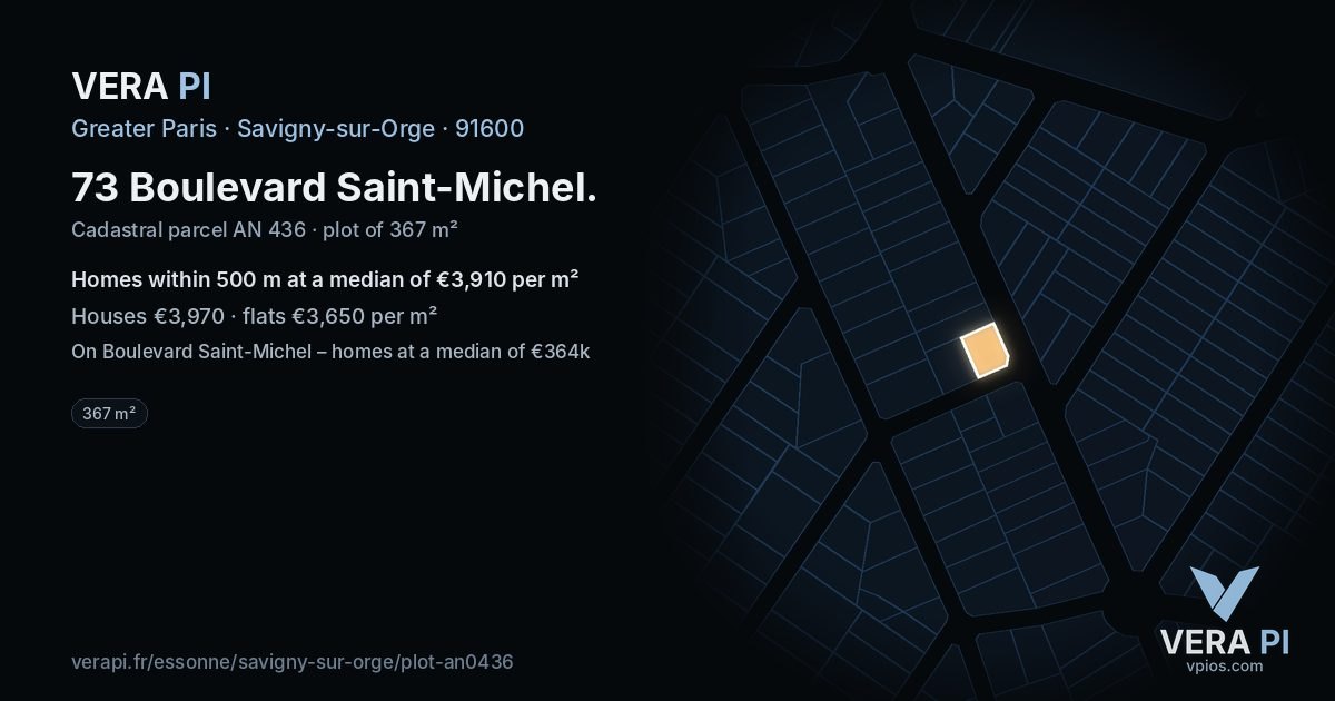 73 Boulevard Saint-Michel, Savigny-sur-Orge at night – the plot lit, the parcels around coloured by the prices near them