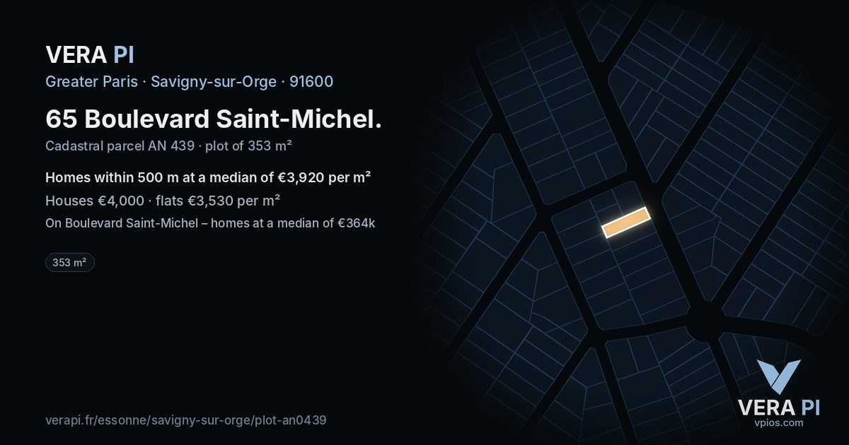 65 Boulevard Saint-Michel, Savigny-sur-Orge at night – the plot lit, the parcels around coloured by the prices near them