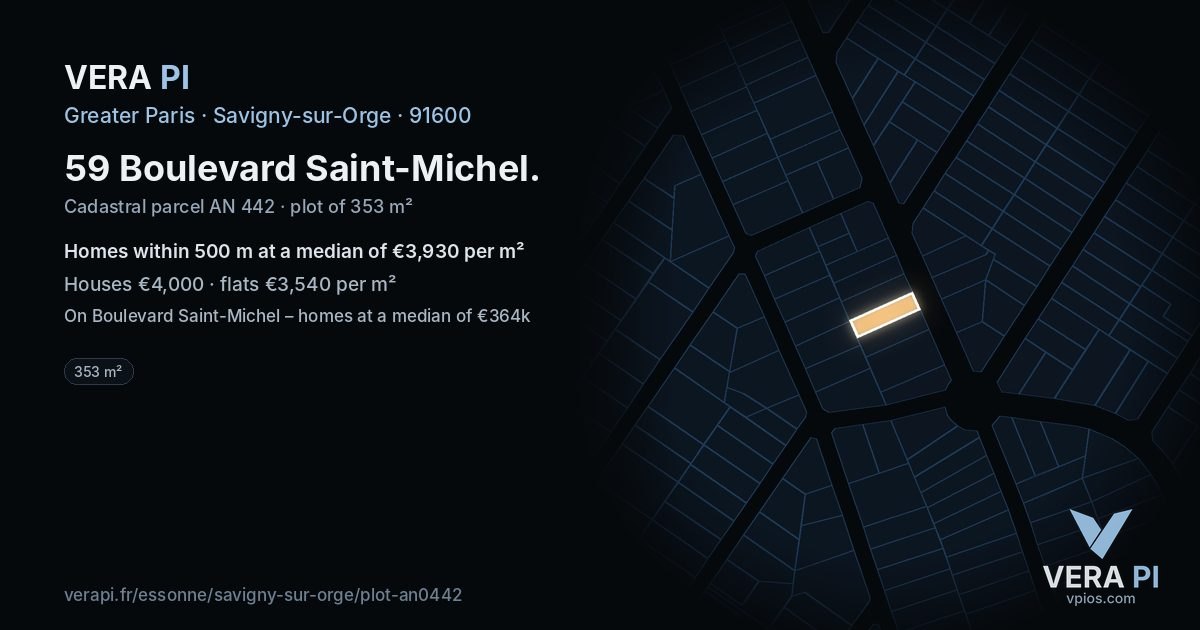 59 Boulevard Saint-Michel, Savigny-sur-Orge at night – the plot lit, the parcels around coloured by the prices near them