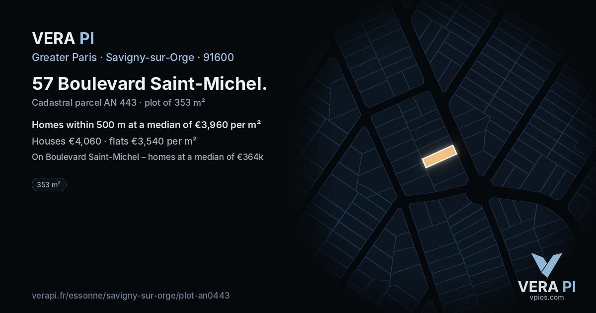 57 Boulevard Saint-Michel, Savigny-sur-Orge at night – the plot lit, the parcels around coloured by the prices near them