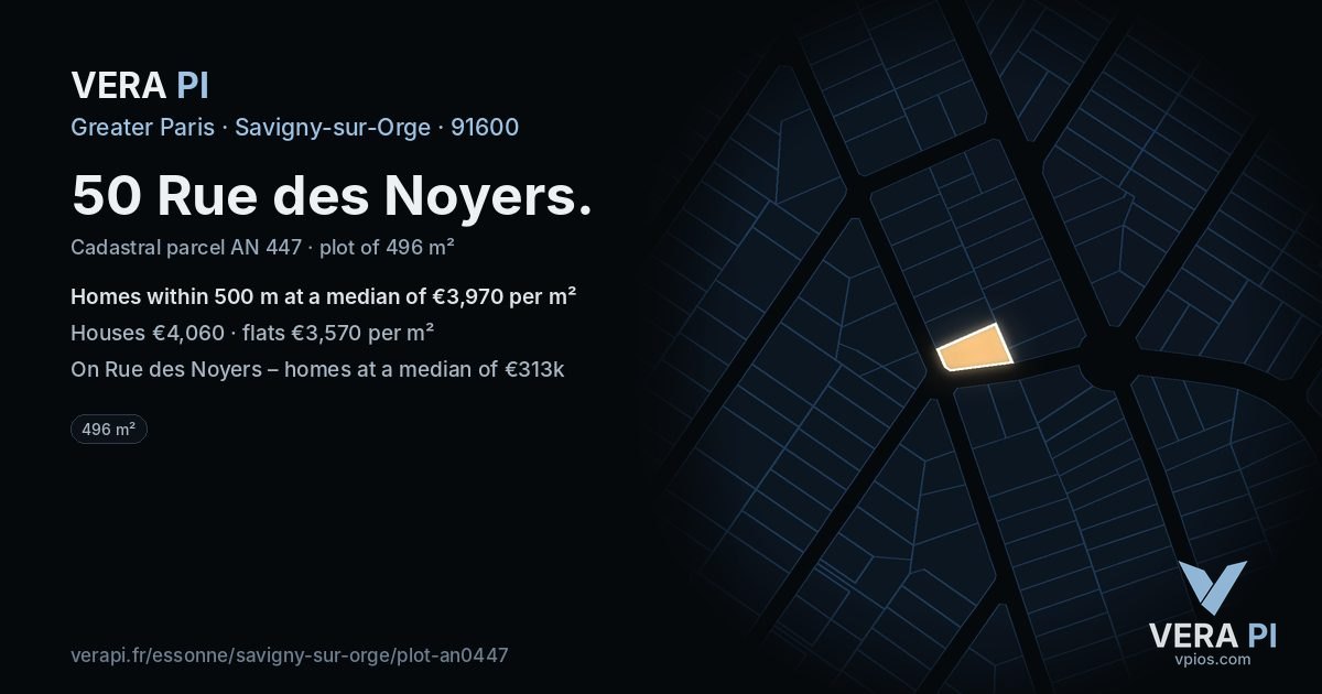 50 Rue des Noyers, Savigny-sur-Orge at night – the plot lit, the parcels around coloured by the prices near them
