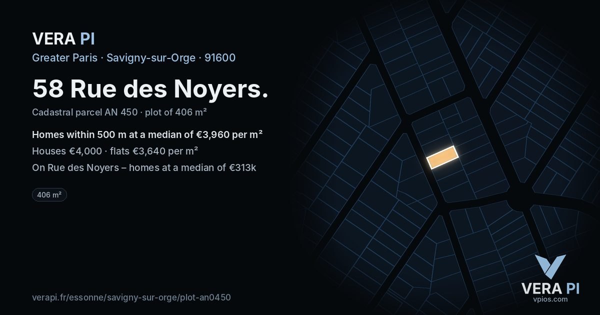 58 Rue des Noyers, Savigny-sur-Orge at night – the plot lit, the parcels around coloured by the prices near them
