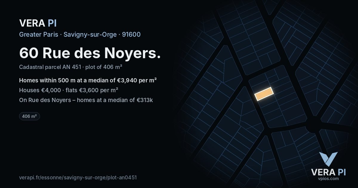 60 Rue des Noyers, Savigny-sur-Orge at night – the plot lit, the parcels around coloured by the prices near them