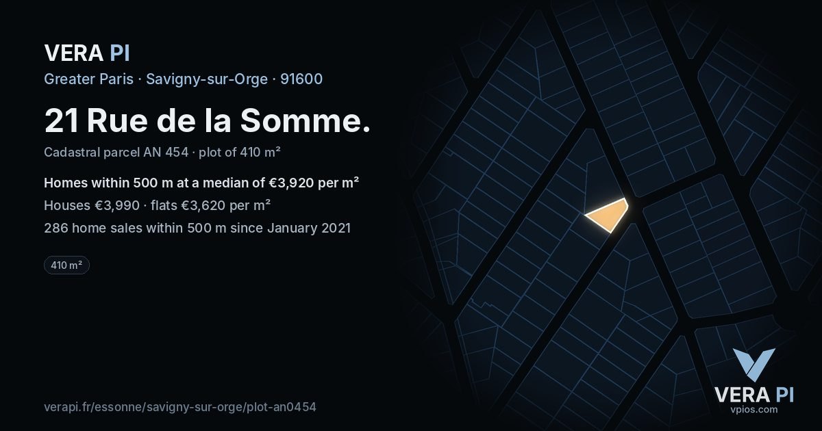 21 Rue de la Somme, Savigny-sur-Orge at night – the plot lit, the parcels around coloured by the prices near them