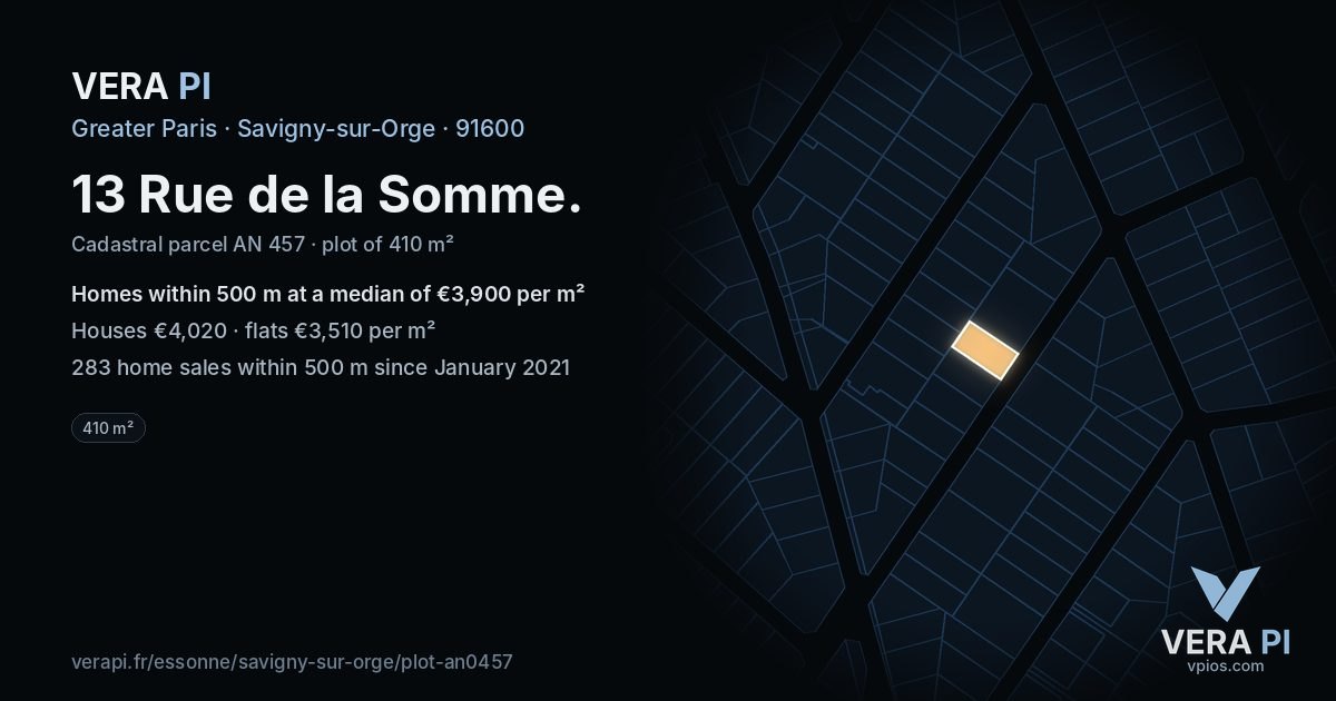 13 Rue de la Somme, Savigny-sur-Orge at night – the plot lit, the parcels around coloured by the prices near them