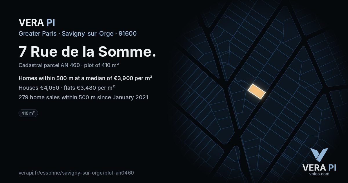 7 Rue de la Somme, Savigny-sur-Orge at night – the plot lit, the parcels around coloured by the prices near them
