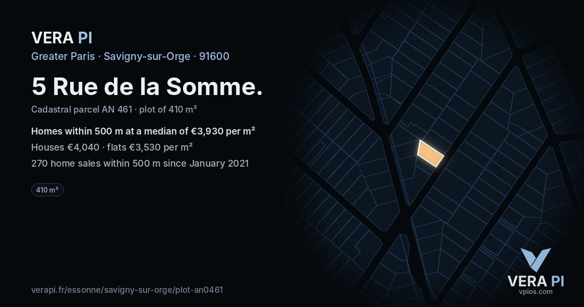 5 Rue de la Somme, Savigny-sur-Orge at night – the plot lit, the parcels around coloured by the prices near them