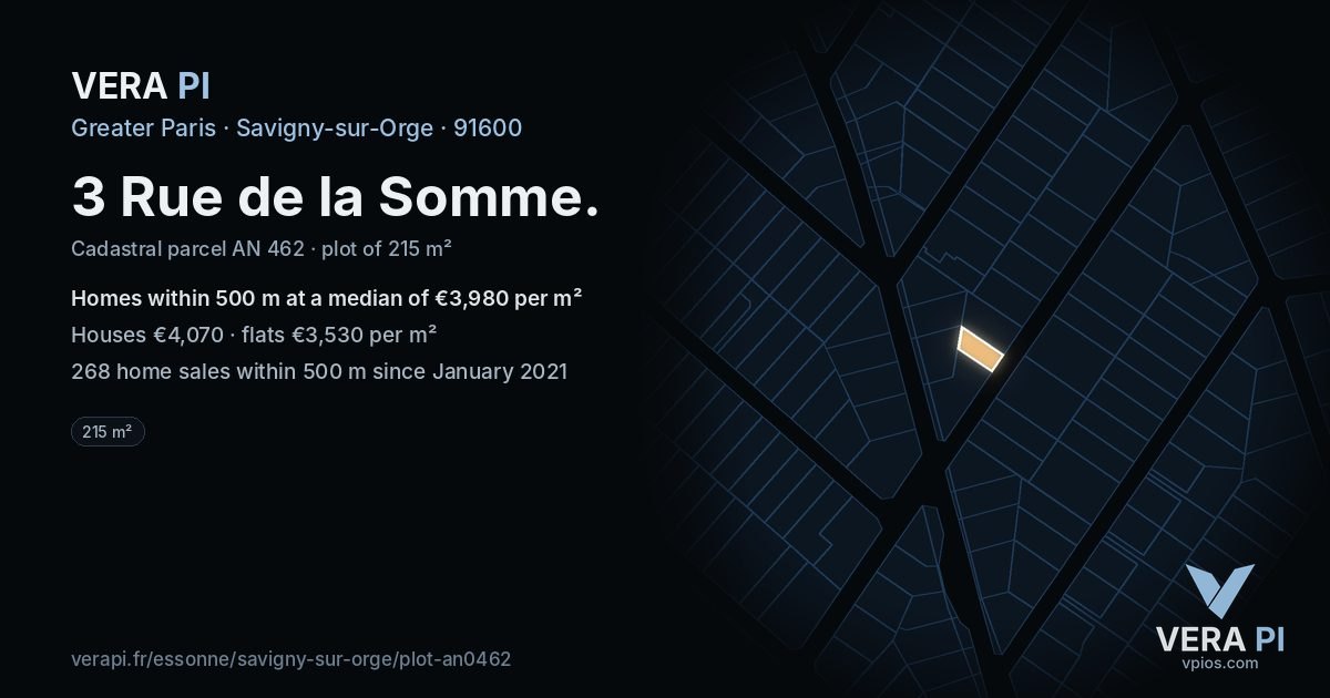3 Rue de la Somme, Savigny-sur-Orge at night – the plot lit, the parcels around coloured by the prices near them